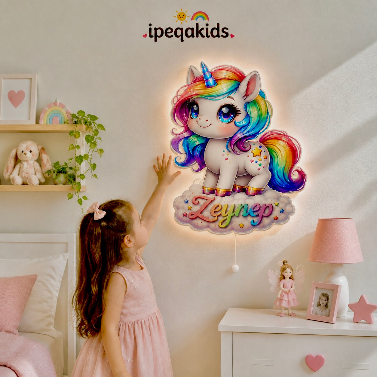 Kişiye Özel İsimli Bulutlu Unicorn LED Ahşap Gece Lambası