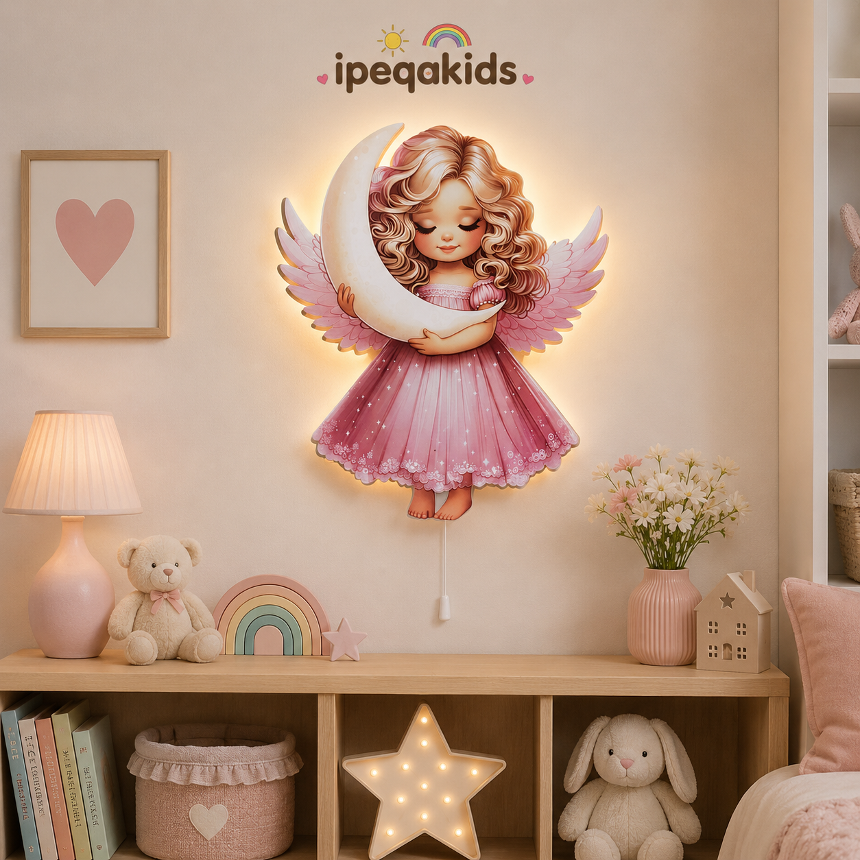 Ay Tutan Pembe Melek Pilli Led Işıklı Ahşap Duvar Dekoru