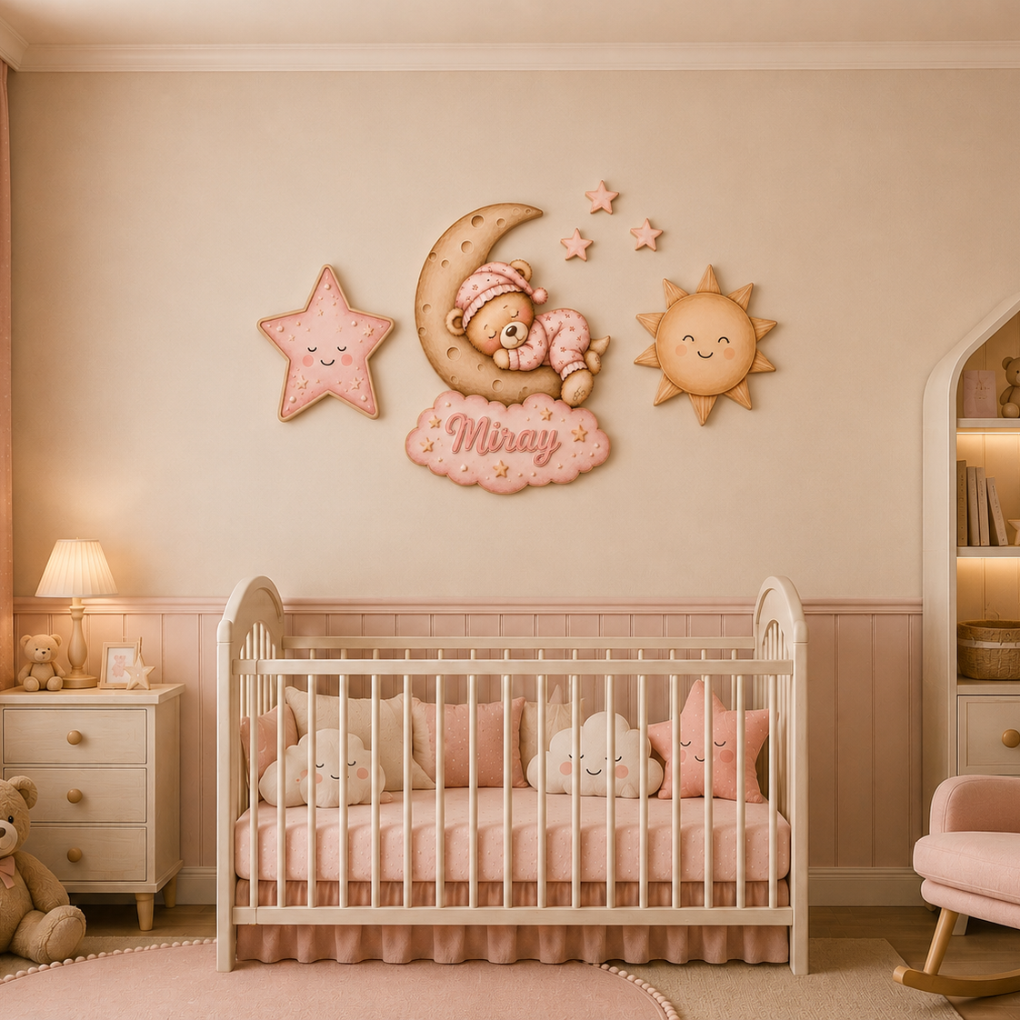 Kişiye Özel İsimli Pembe Uyuyan Ayıcık 6'lı LED Ahşap Gece Lambası Seti