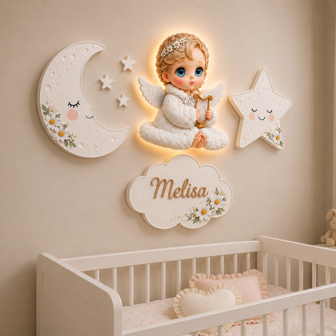 Kişiye Özel İsimli Bebek Melek 7'li LED Ahşap Gece Lambası Seti