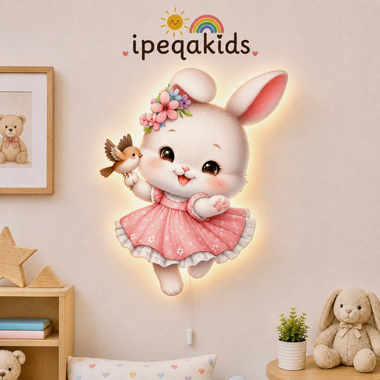 Neşeli Tavşan Led Işıklı Bebek Odası Ahşap Duvar Dekoru - Gece Lambası