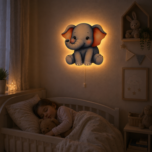 Mavi Fil Led Işıklı Bebek Odası Ahşap Duvar Dekoru - Gece Lambası