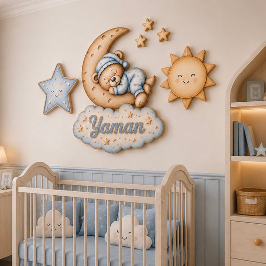 Kişiye Özel İsimli Mavi Uyuyan Ayıcık 6'lı LED Ahşap Gece Lambası Seti
