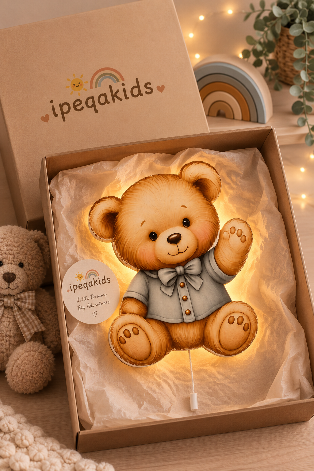 Gömlekli Ayıcık Led Işıklı Bebek Odası Ahşap Duvar Dekoru - Gece Lambası