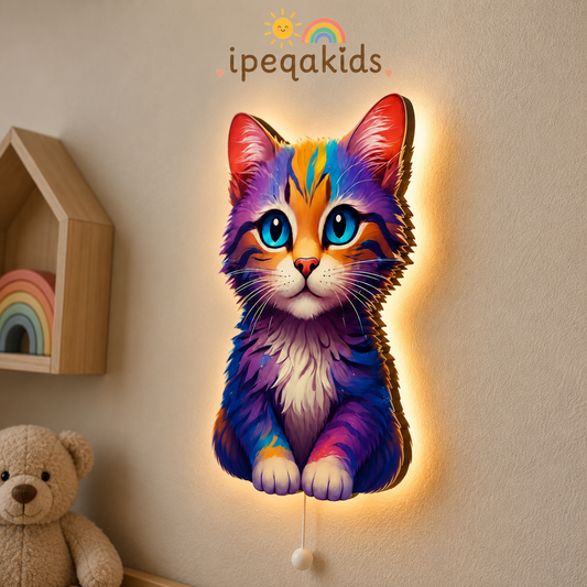 Renkli Kedi LED Ahşap Gece Lambası