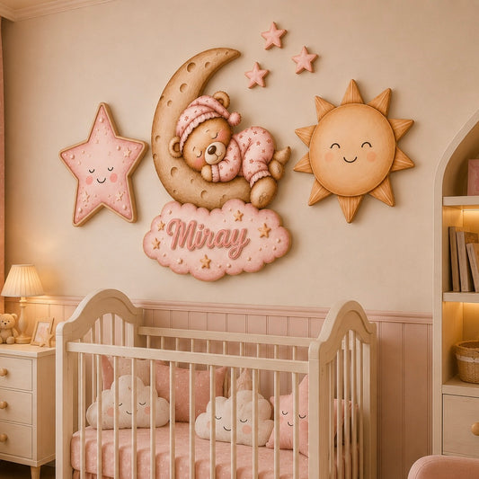 Kişiye Özel İsimli Pembe Uyuyan Ayıcık 6'lı LED Ahşap Gece Lambası Seti