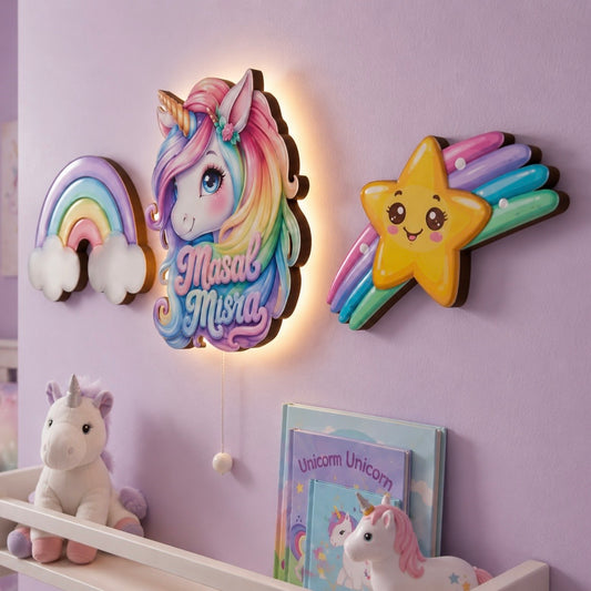 Kişiye Özel İsimli Unicorn 3’lü LED Ahşap Gece Lambası