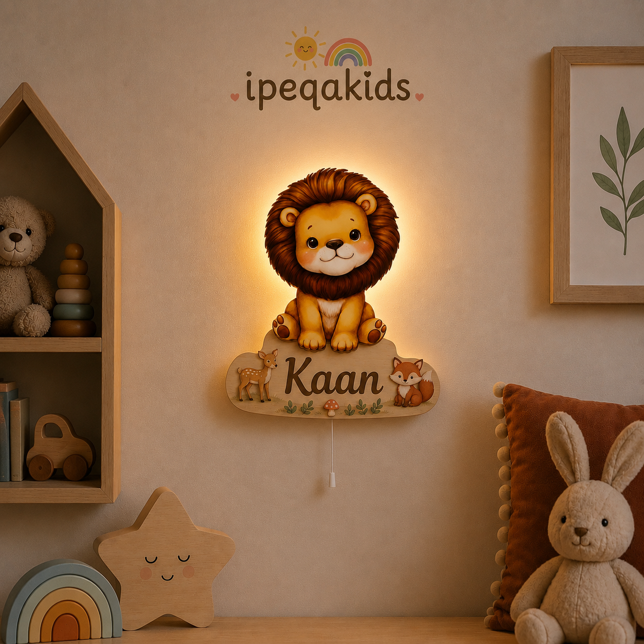 Kişiye Özel İsimli Aslan LED Ahşap Gece Lambası
