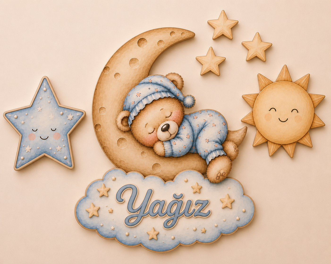 Kişiye Özel İsimli Mavi Uyuyan Ayıcık 6'lı LED Ahşap Gece Lambası Seti