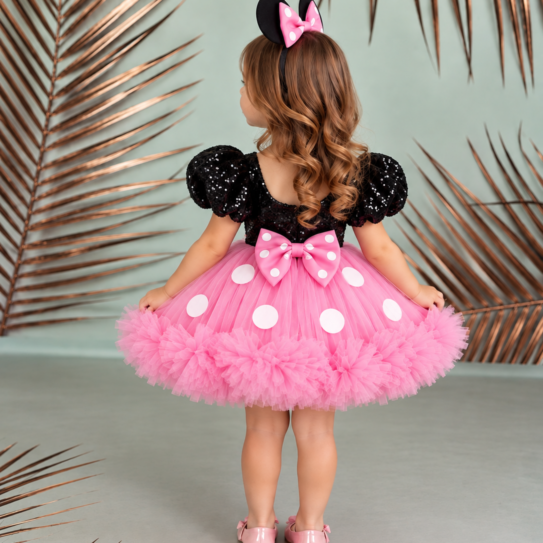 Pembe Kız Çocuk Mickey Mouse Kostümü TAÇ DAHİL- Çocuk Abiye Elbise -ipeqakids