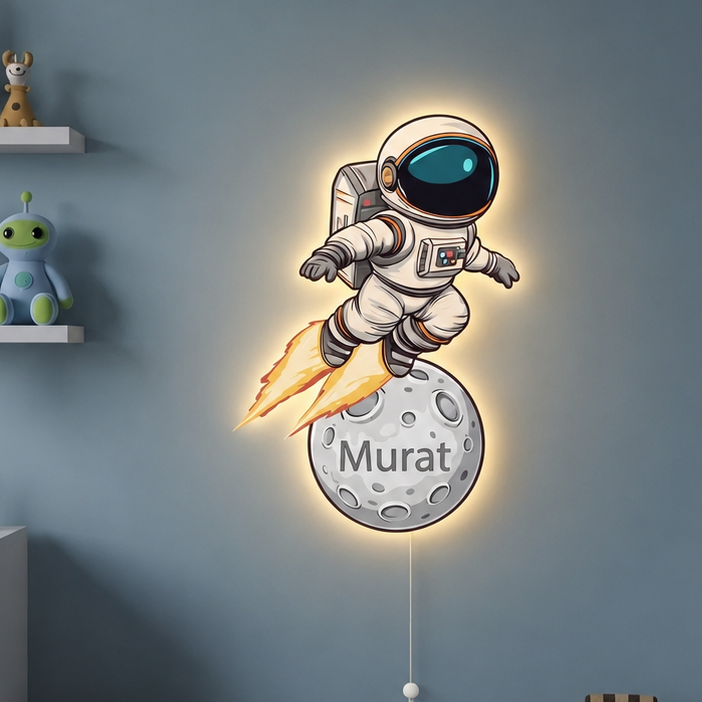 Kişiye Özel İsimli Uçan Astronot Led Işıklı Bebek Odası Ahşap Duvar Dekoru - İsim için Whasapptan İletişime Geçiniz- Gece Lambası