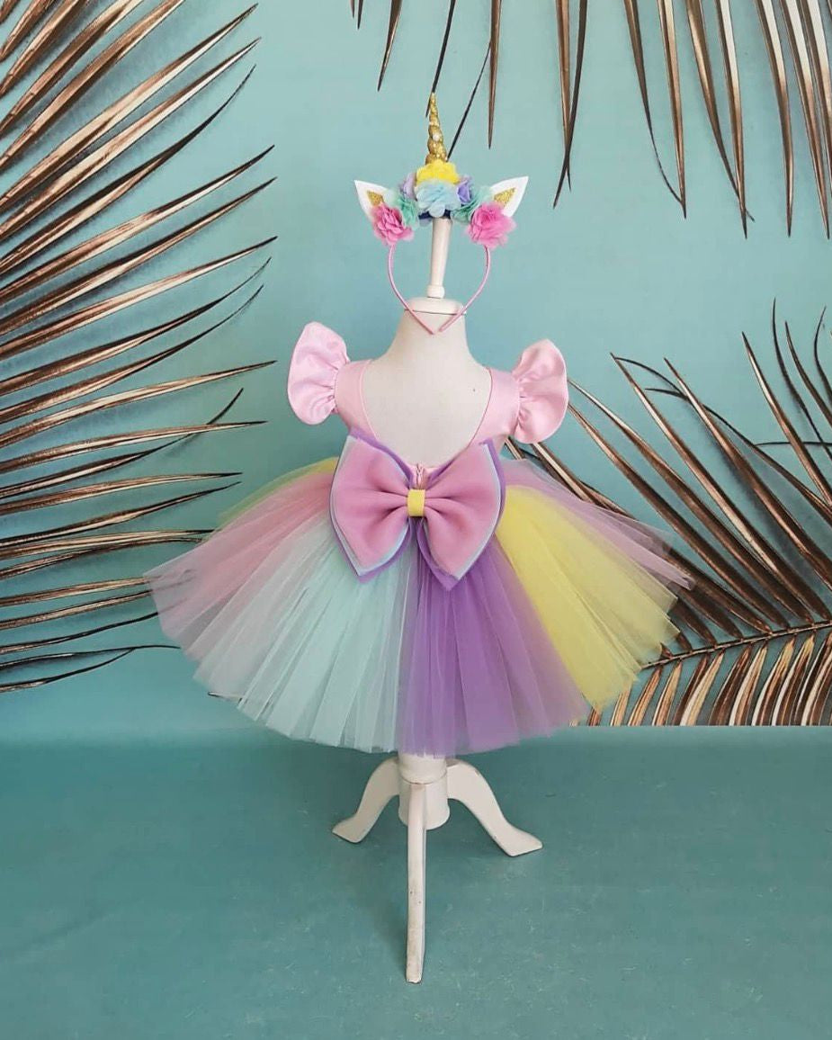 Unicorn Elbise ve Taç - Kız Çocuk Abiye - Bebek Doğum Günü Elbisesi - ipeqakids