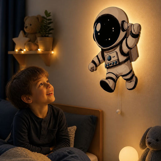 Astronot LED Işıklı Bebek Odası Ahşap Duvar Dekoru - Gece Lambası - Görsel 4