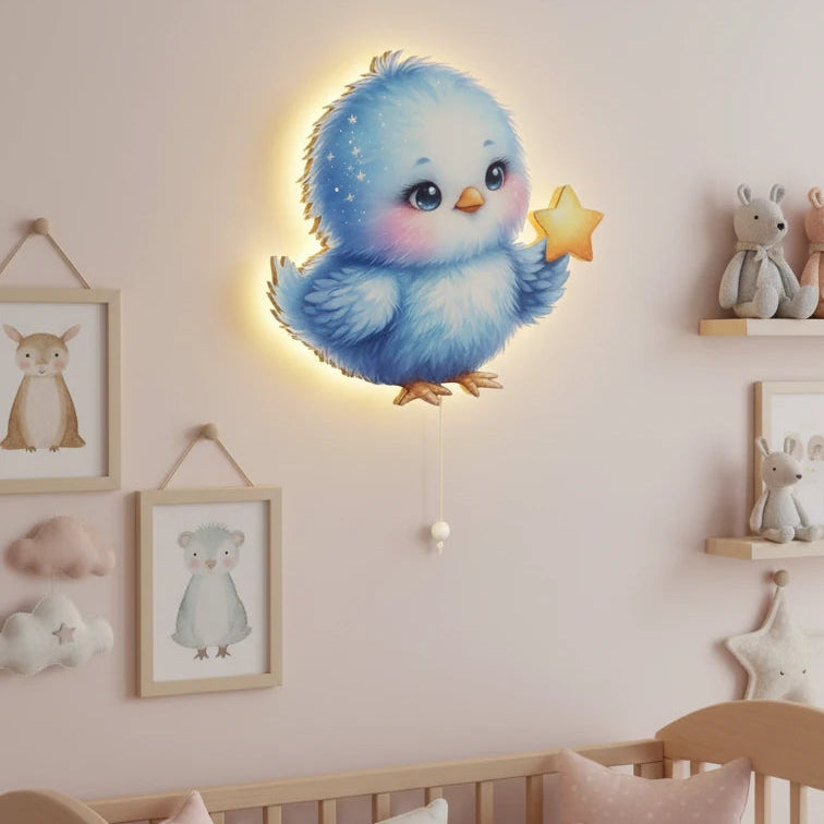 Mavi Kuş Pilli LED Işıklı Bebek Odası Ahşap Duvar Dekoru - Gece Lambası - Görsel 5