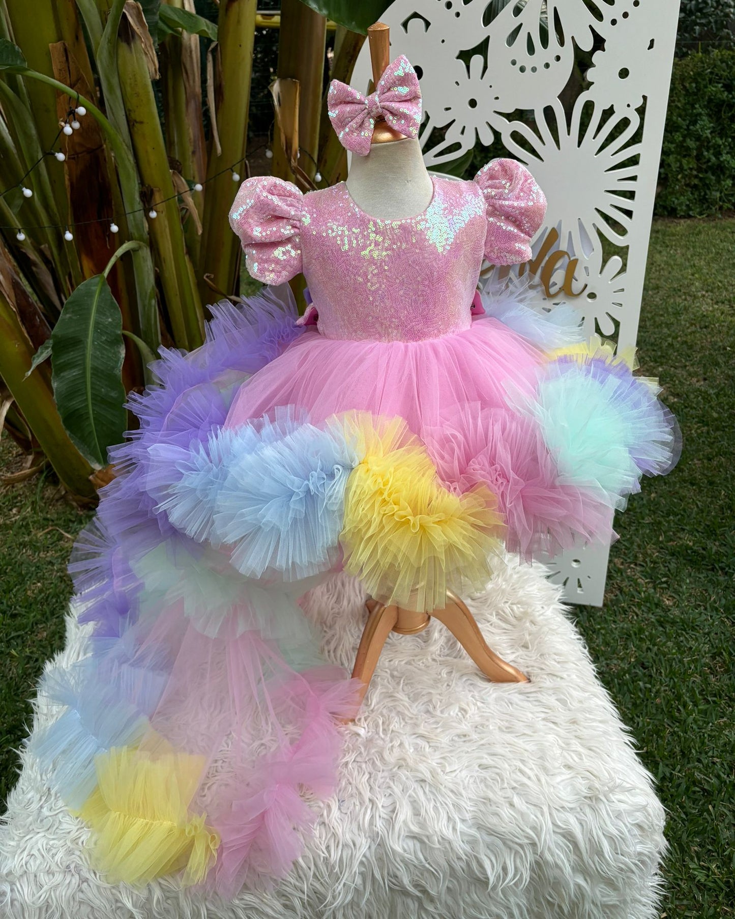 Pembe Payetli Unicorn Temalı Kız Çocuk Abiye - Bebek Doğum Günü Elbisesi - ipeqakids – kız çocuk elbisesi