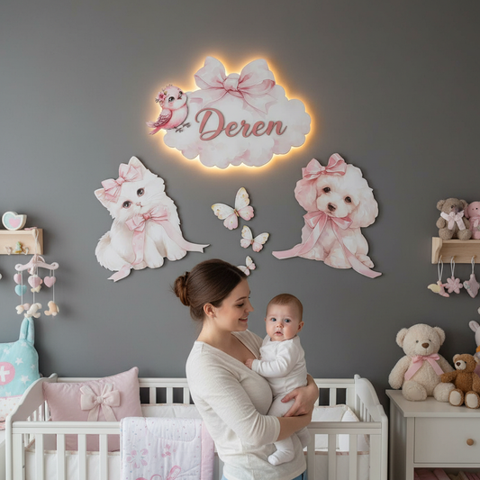 Kişiye Özel İsimli Kedi 6’lı LED Ahşap Gece Lambası