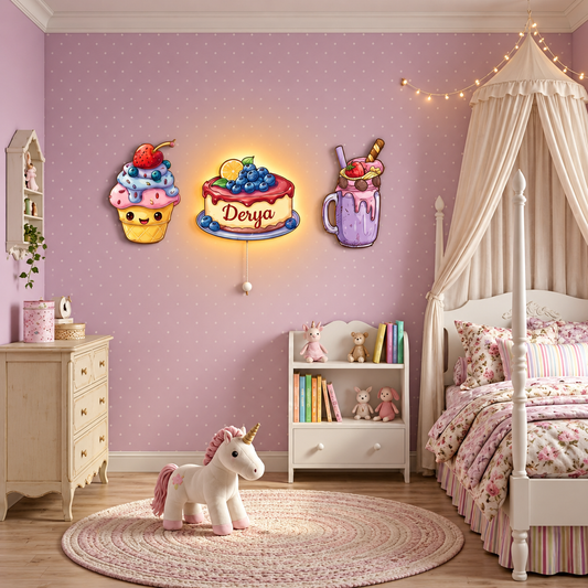 Kişiye Özel İsimli Cupcake 3’lü LED Ahşap Gece Lambası