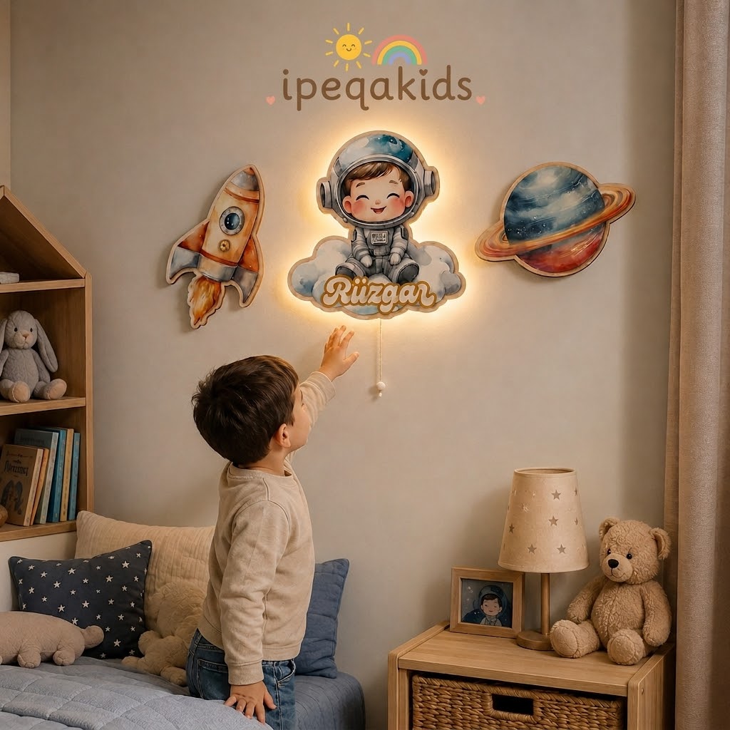İsimli Çocuk Astronot 3 Parça LED Ahşap Dekor Seti