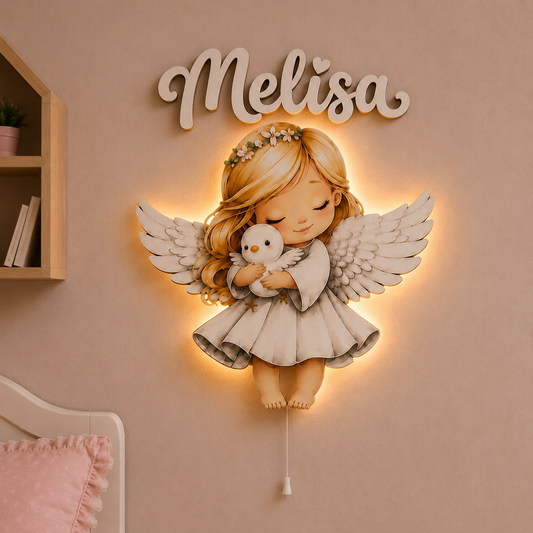 İsimli Kuşlu Melek LED Ahşap Gece Lambası
