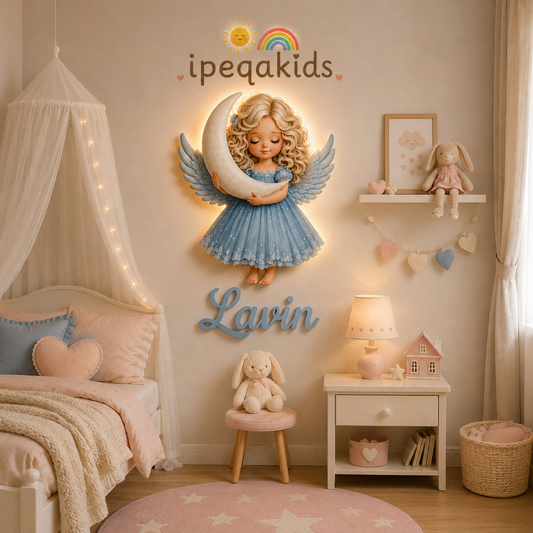 İsimli Mavi Melek LED Ahşap Gece Lambası