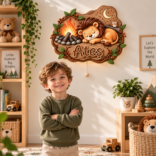 Kişiye Özel İsimli Ateş Aslan LED Ahşap Gece Lambası