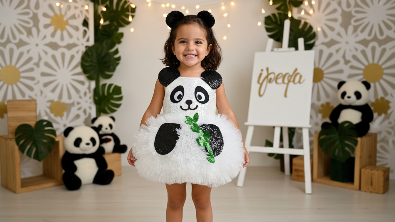 Panda Temalı Kız Çocuk Abiye - Bebek Parti Kostümü - ipeqakids