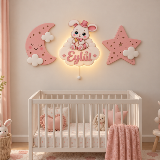 Kişiye Özel İsimli Pembe Tavşan 3'lü LED Ahşap Gece Lambası Seti