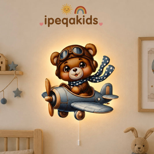 Uçan Ayıcık Pilli Led Işıklı Bebek Odası Ahşap Duvar Dekoru - Gece Lambası
