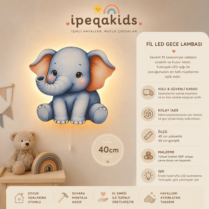 Mavi Fil Led Işıklı Bebek Odası Ahşap Duvar Dekoru - Gece Lambası