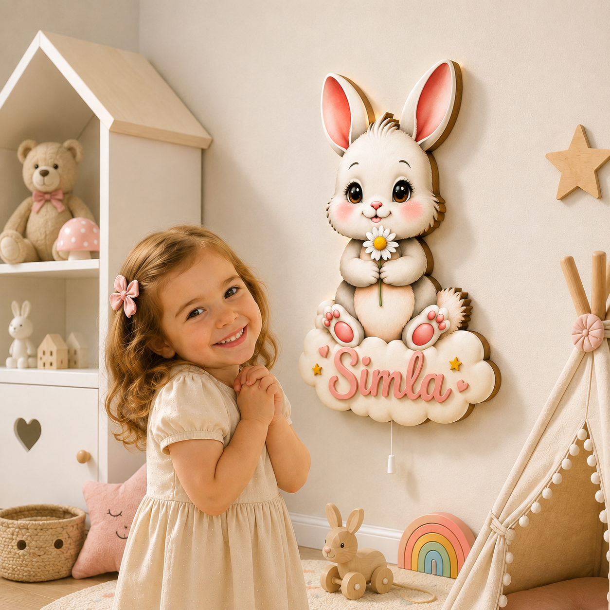 Kişiye Özel İsimli Bulutlu Tavşan LED Ahşap Gece Lambası