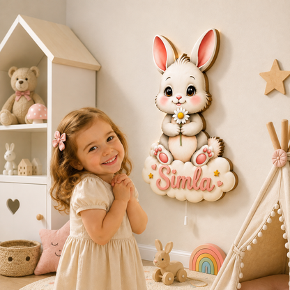 Kişiye Özel İsimli Bulutlu Tavşan LED Ahşap Gece Lambası