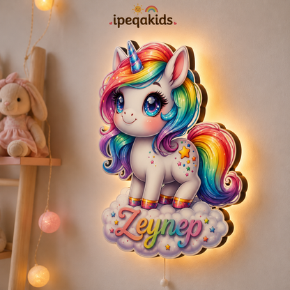 Kişiye Özel İsimli Bulutlu Unicorn LED Ahşap Gece Lambası