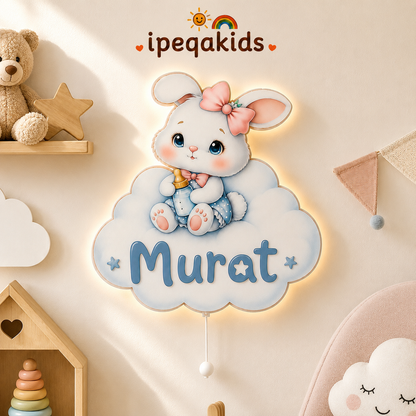 Kişiye Özel İsimli Bulutlu Tavşan LED Ahşap Gece Lambası