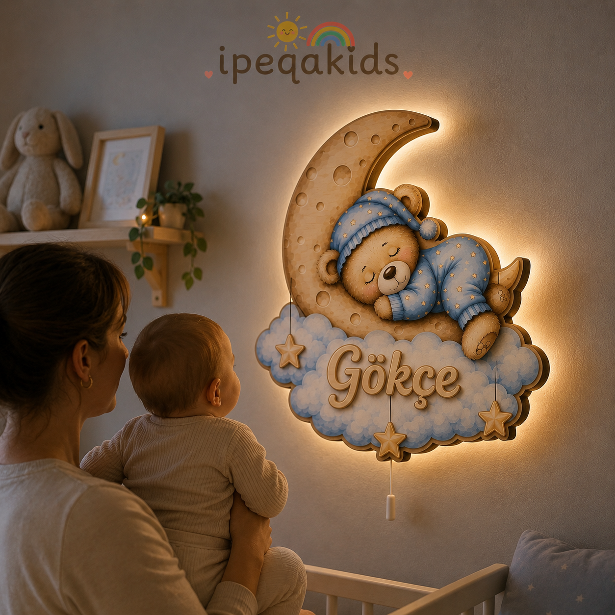 Kişiye Özel İsimli Uyuyan Ayıcık LED Ahşap Gece Lambası