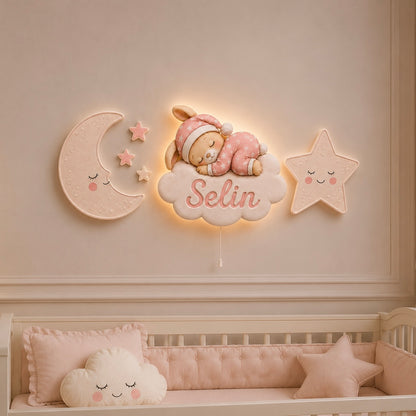 Kişiye Özel İsimli Uyuyan Tavşan 6'lı LED Ahşap Gece Lambası Seti