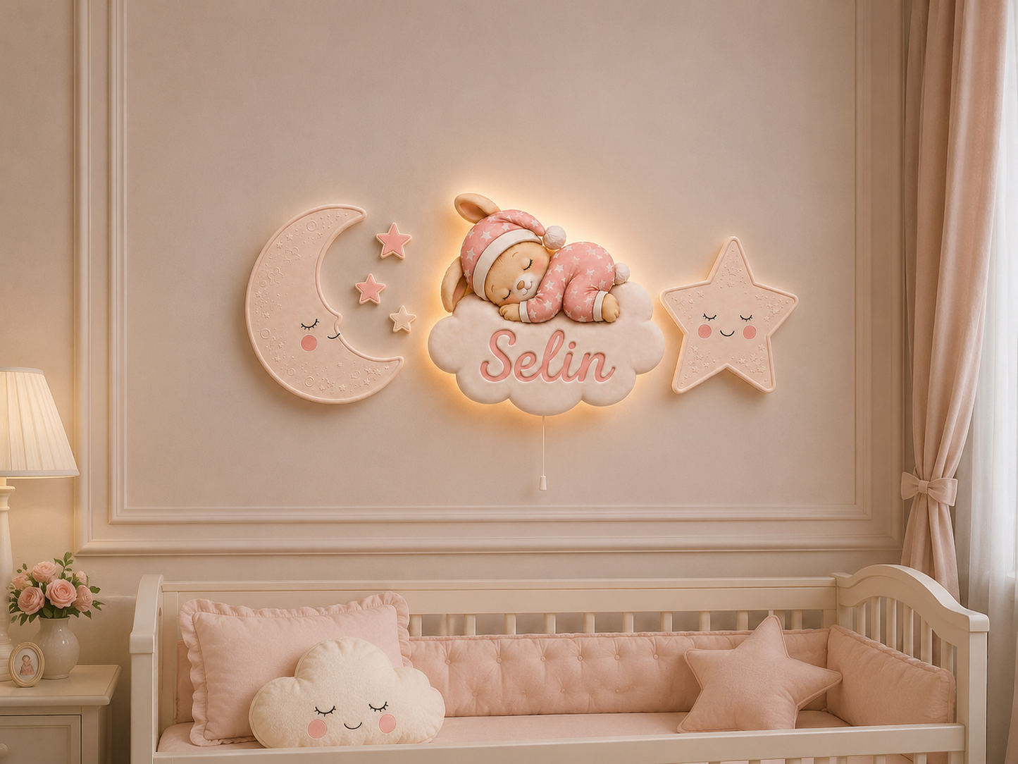 Kişiye Özel İsimli Uyuyan Tavşan 6'lı LED Ahşap Gece Lambası Seti
