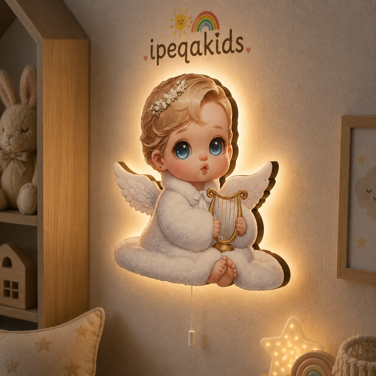 Bebek Melek Pilli Led Işıklı Bebek Odası Ahşap Duvar Dekoru - Gece Lambası