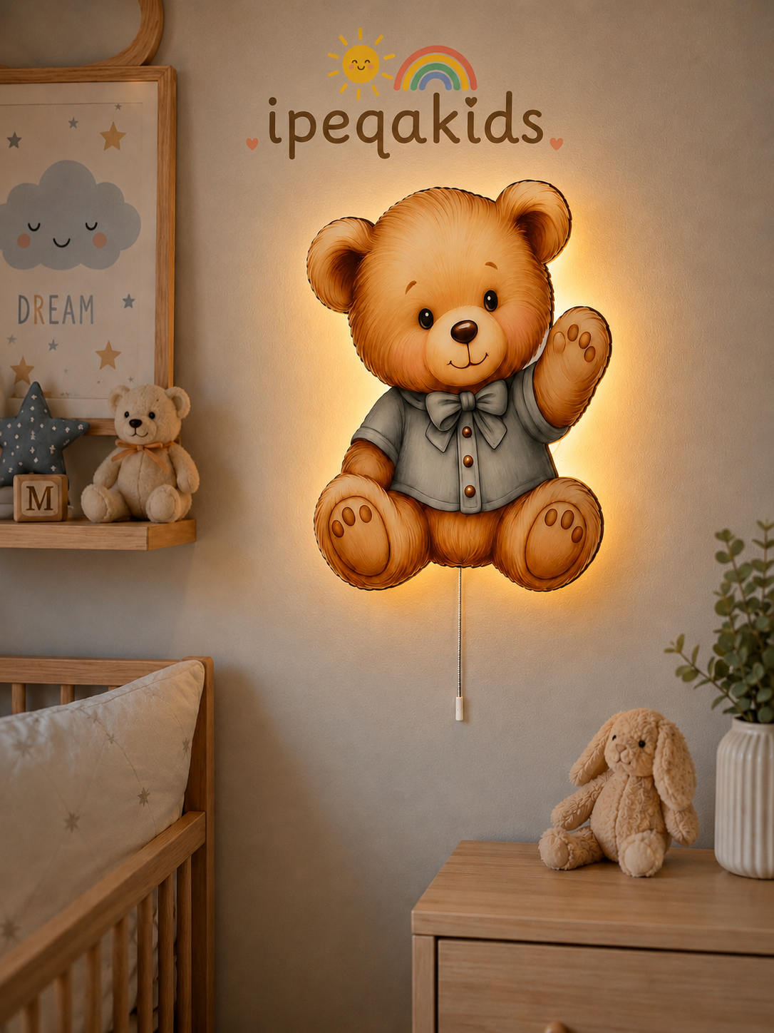 Gömlekli Ayıcık Led Işıklı Bebek Odası Ahşap Duvar Dekoru - Gece Lambası