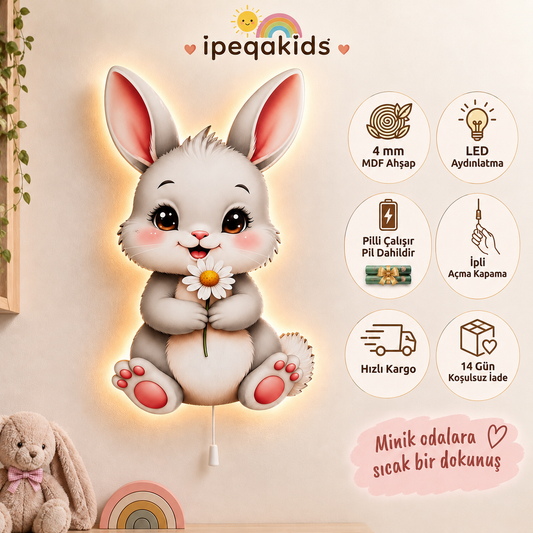 Tavşan Pilli Led Işıklı Bebek Odası Ahşap Duvar Dekoru - Gece Lambası