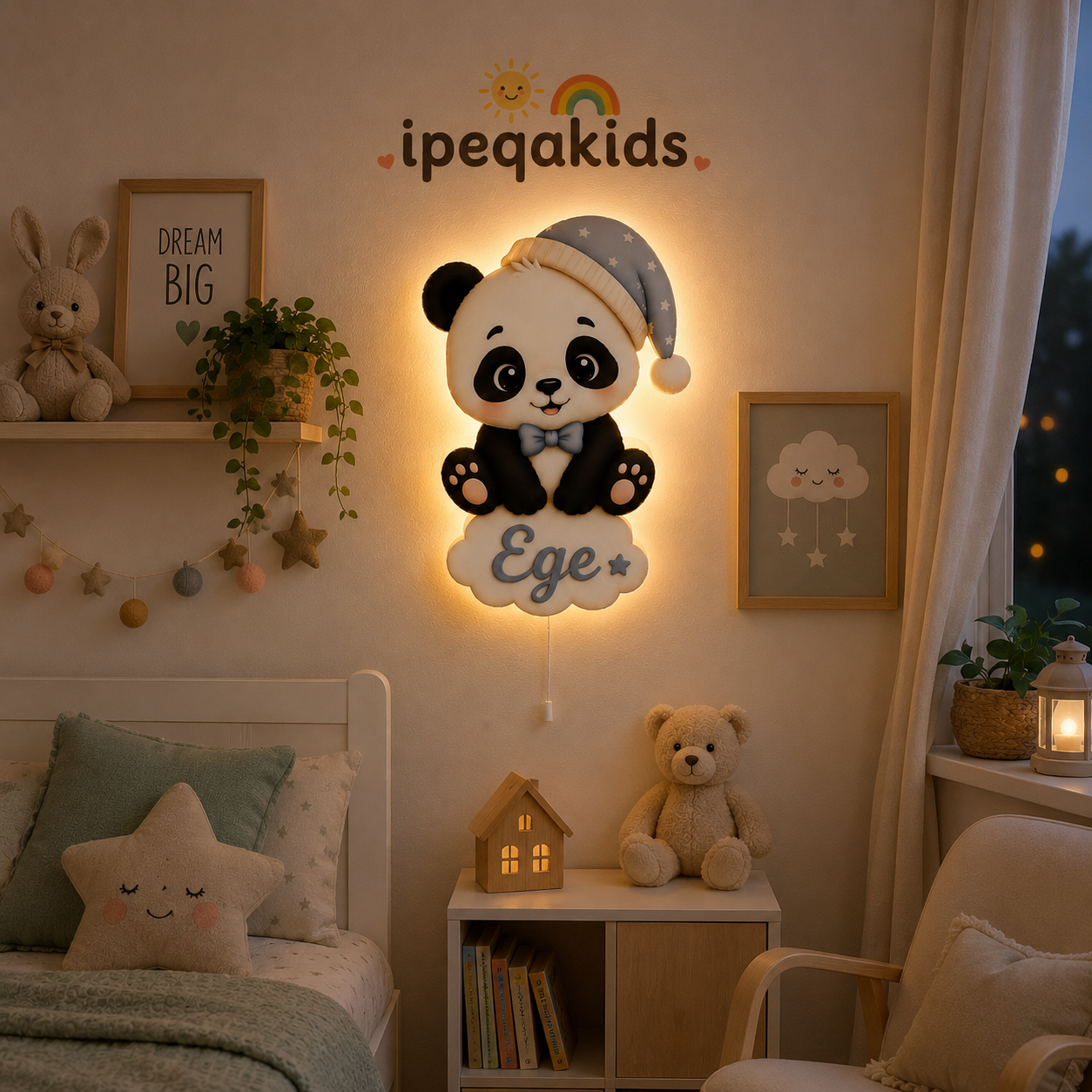 Kişiye Özel İsimli Panda LED Ahşap Gece Lambası