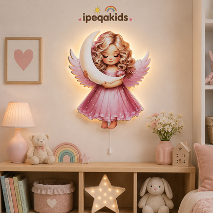 Ay Tutan Pembe Melek Pilli Led Işıklı Ahşap Duvar Dekoru