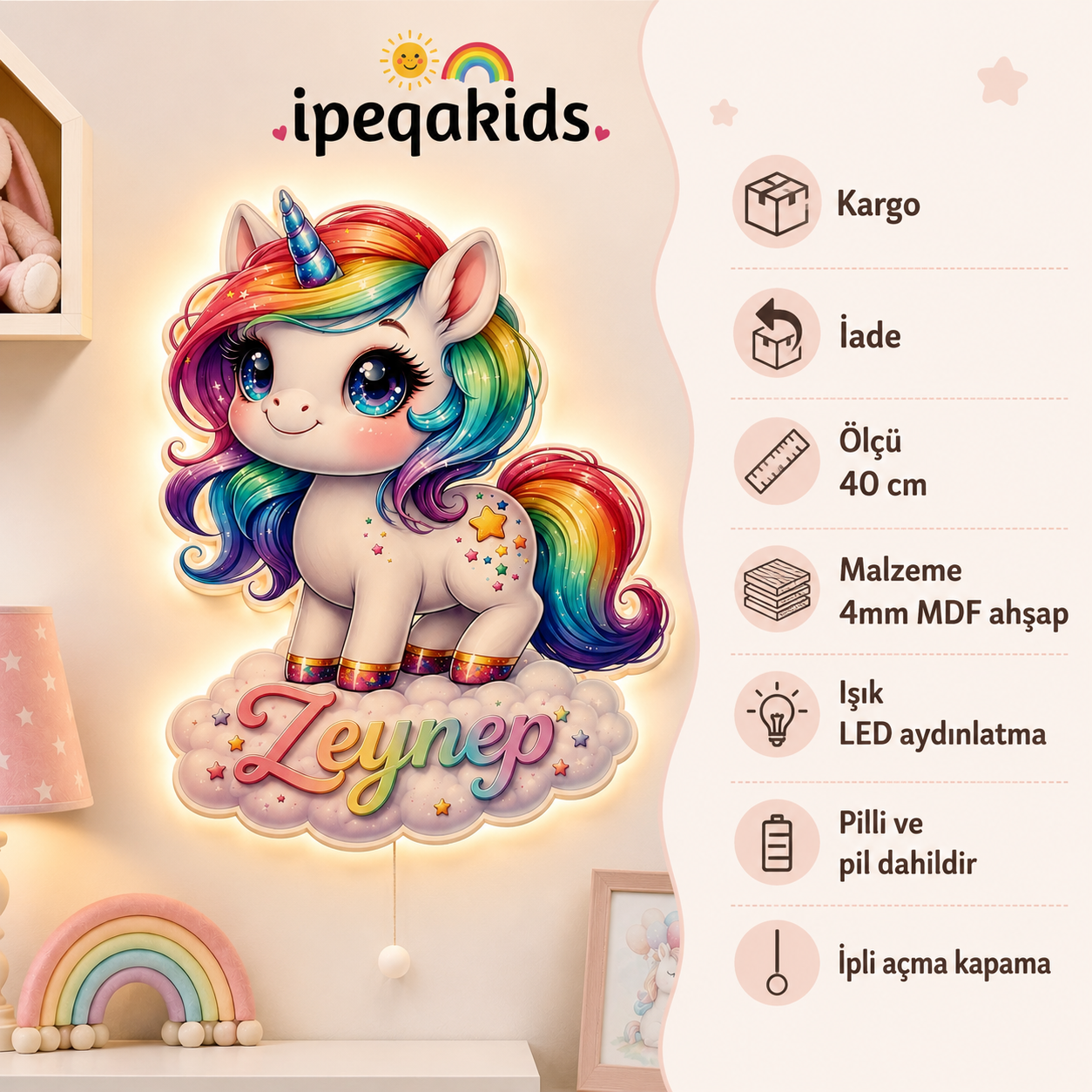 Kişiye Özel İsimli Bulutlu Unicorn LED Ahşap Gece Lambası