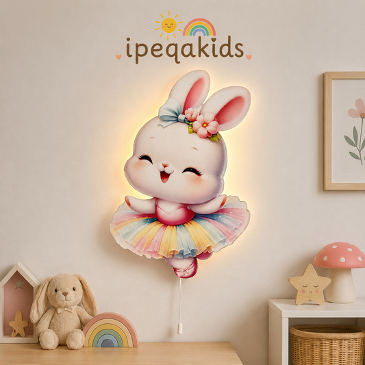 Balerin Tavşan Led Işıklı Bebek Odası Ahşap Duvar Dekoru - Gece Lambası