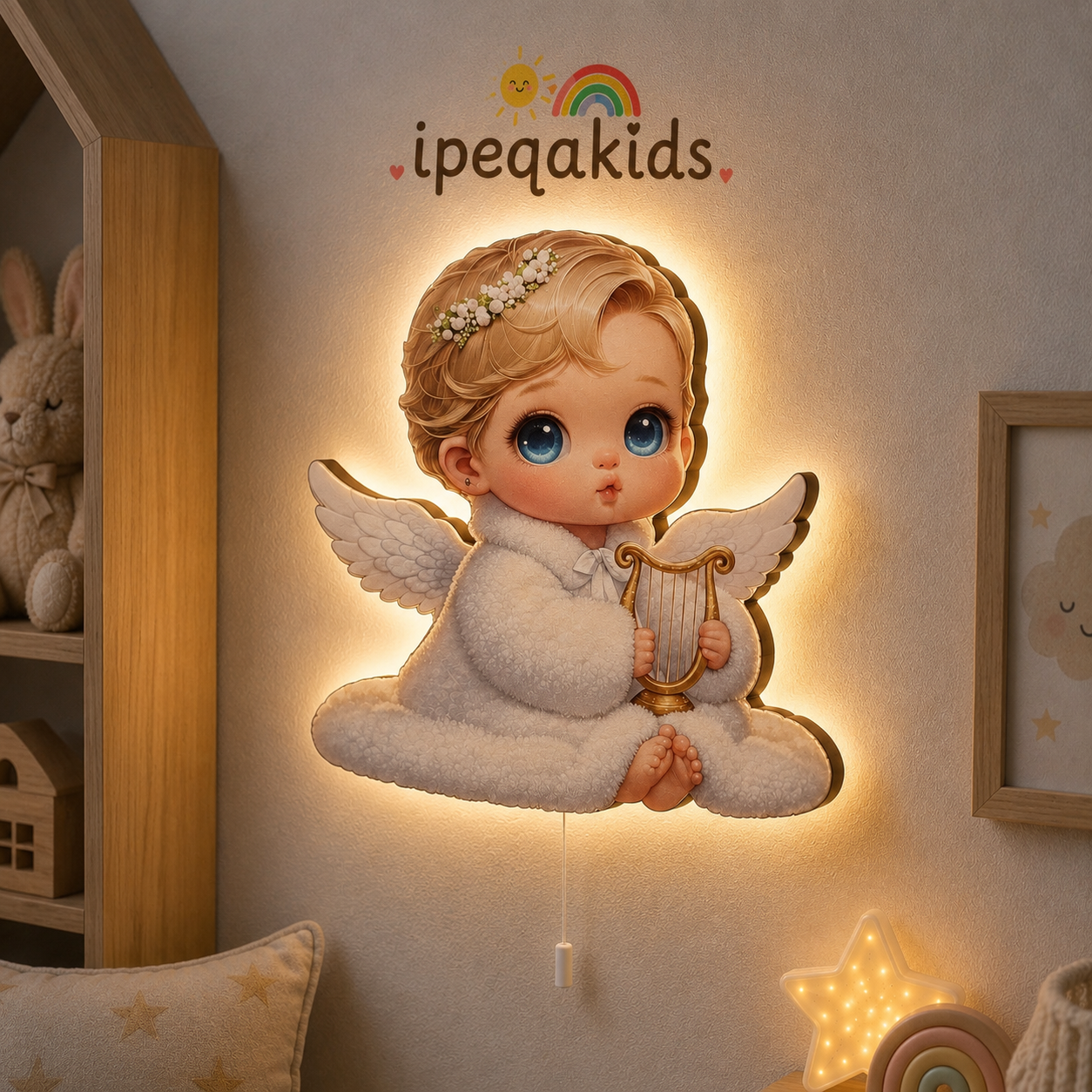 Bebek Melek Pilli Led Işıklı Bebek Odası Ahşap Duvar Dekoru - Gece Lambası