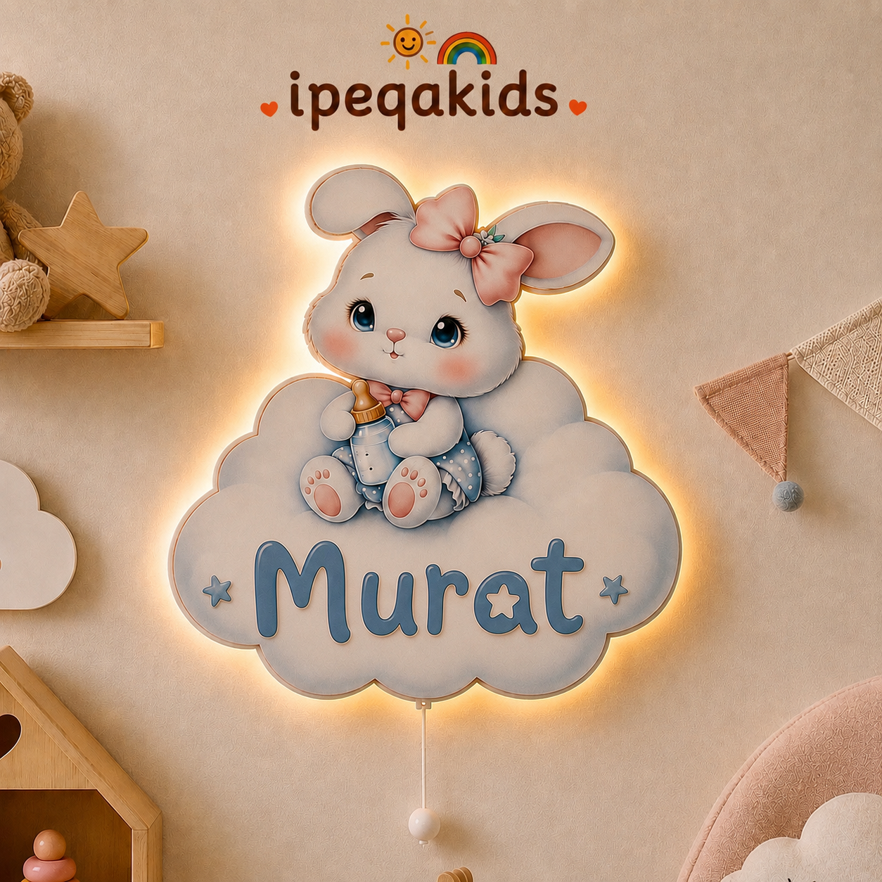 Kişiye Özel İsimli Bulutlu Tavşan LED Ahşap Gece Lambası