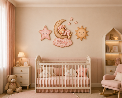 Kişiye Özel İsimli Pembe Uyuyan Ayıcık 6'lı LED Ahşap Gece Lambası Seti