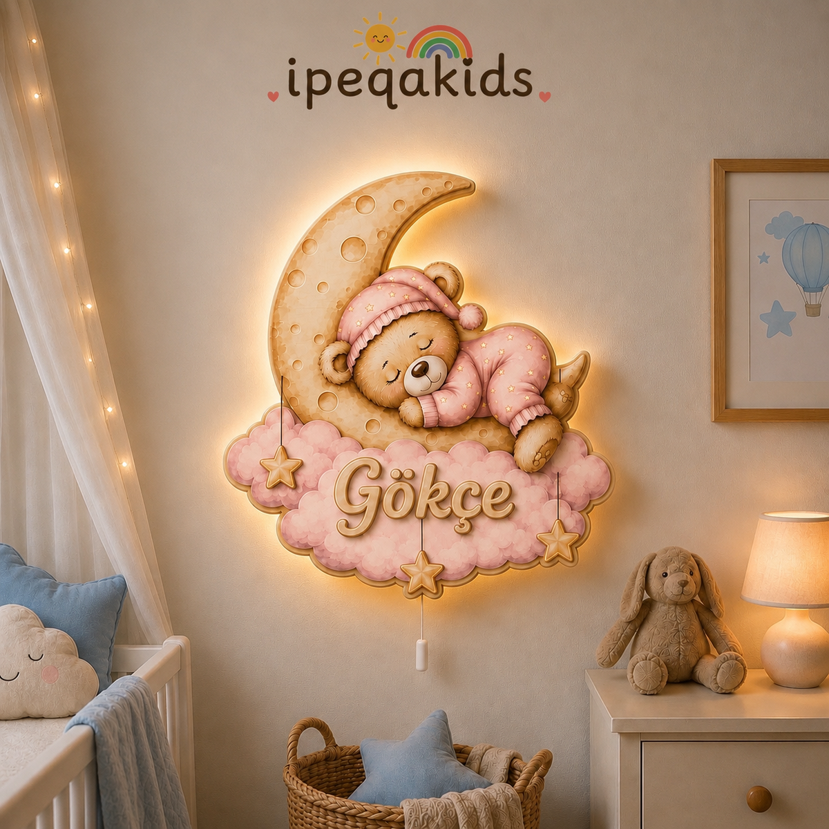 Kişiye Özel İsimli Uyuyan Ayıcık LED Ahşap Gece Lambası
