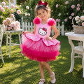 Kırmızı Pembe Hello Kitty Kız Çocuk Abiye - Bebek Doğum Günü Elbisesi - ipeqakids