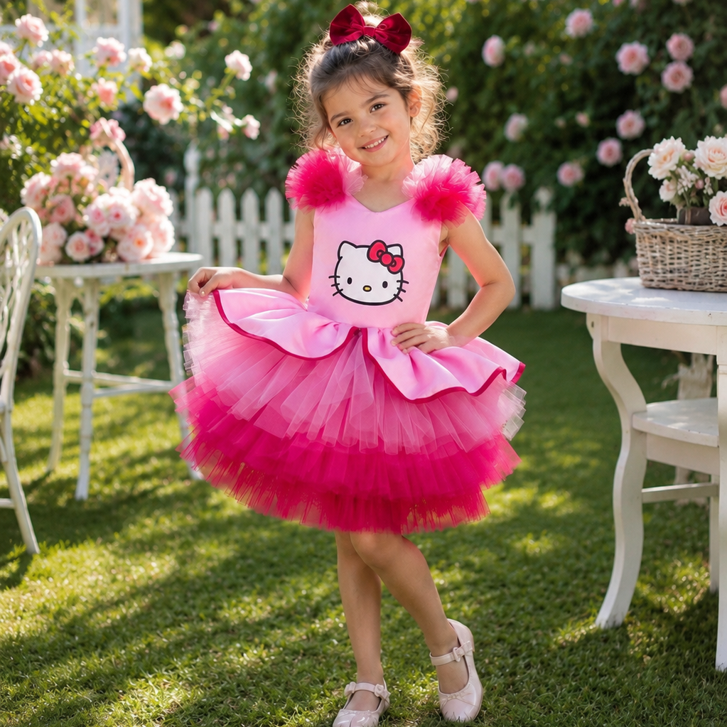 Kırmızı Pembe Hello Kitty Kız Çocuk Abiye - Bebek Doğum Günü Elbisesi - ipeqakids