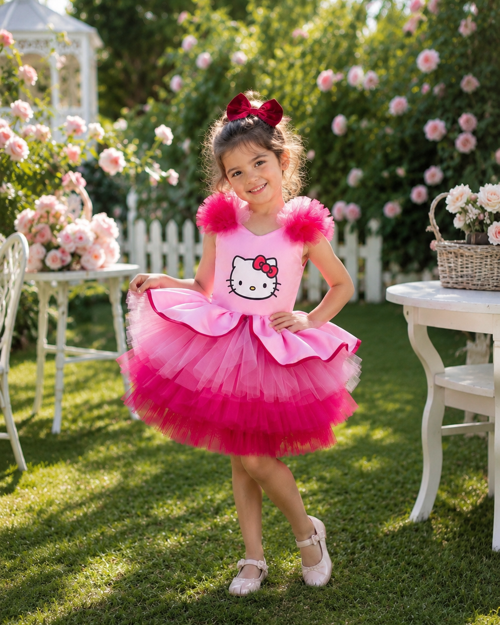 Kırmızı Pembe Hello Kitty Kız Çocuk Abiye